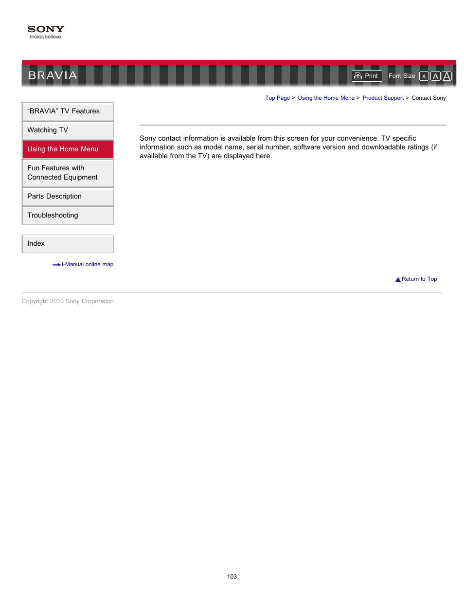 Contact sony, Contact information | Sony KDL-55HX701 User Manual | Page 107 / 141