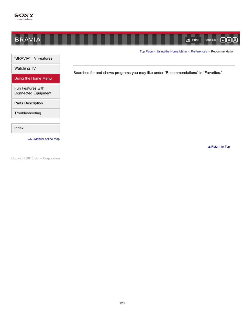 Recommendation, Recommendation settings | Sony KDL-55HX701 User Manual | Page 124 / 141