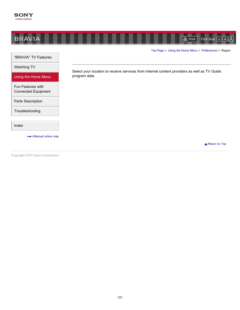 Region, Region selection | Sony KDL-55HX701 User Manual | Page 125 / 141