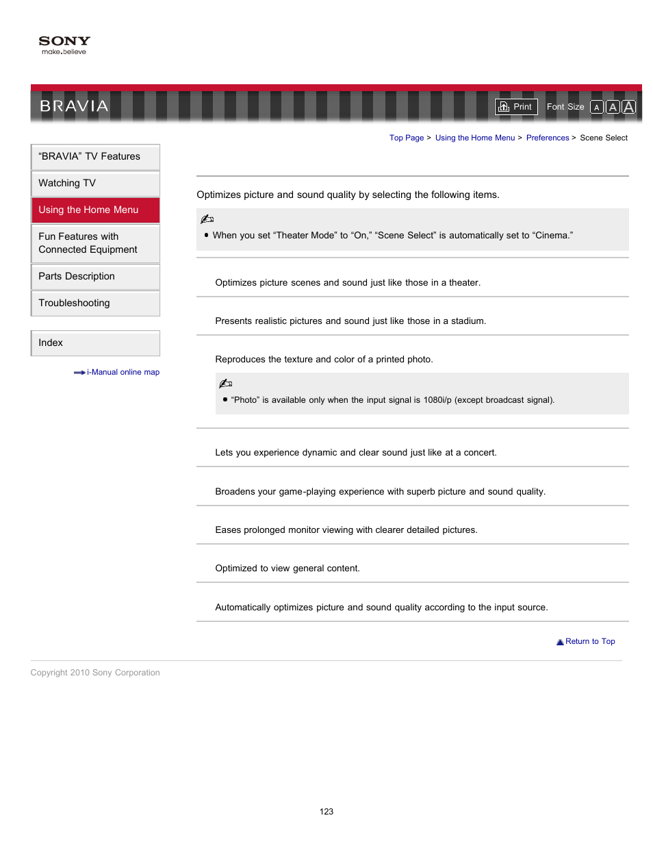 Scene select, Scene selection | Sony KDL-55HX701 User Manual | Page 127 / 141