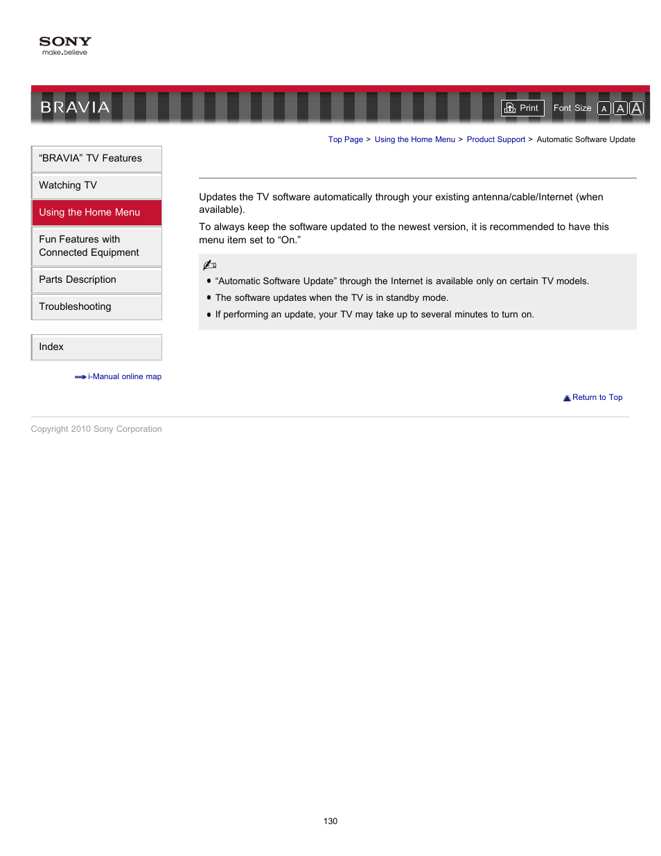 Automatic software update, Software update | Sony KDL-55HX701 User Manual | Page 134 / 141