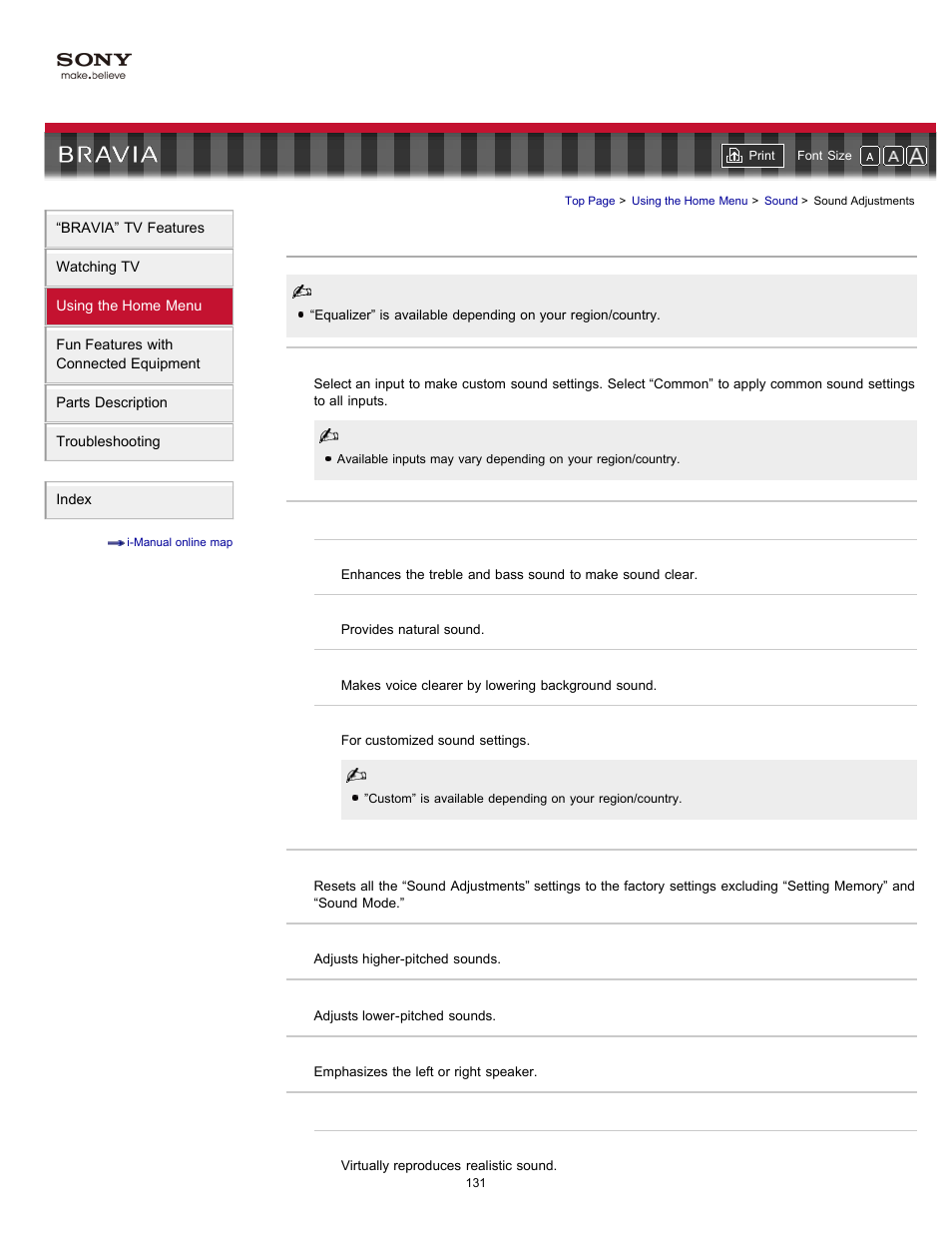 Sound adjustments, Sound mode sound settings | Sony KDL-55HX701 User Manual | Page 135 / 141