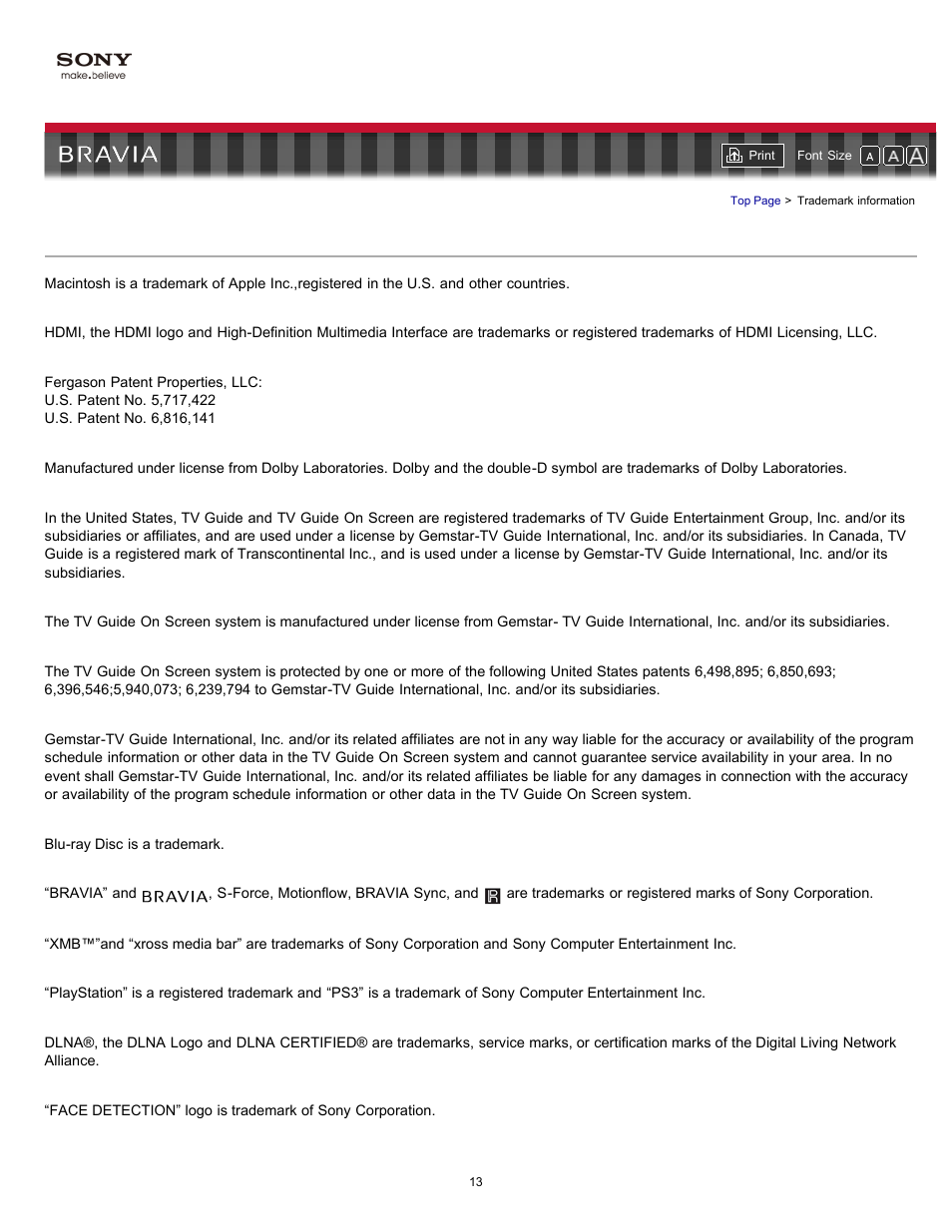 Trademark information | Sony KDL-55HX701 User Manual | Page 17 / 141