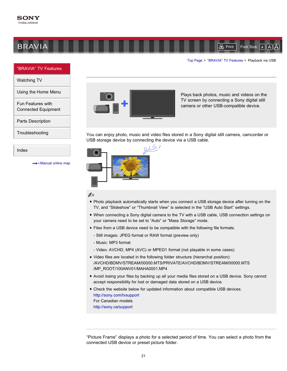 Playback via usb, Picture frame, Usb devices | Sony KDL-55HX701 User Manual | Page 25 / 141