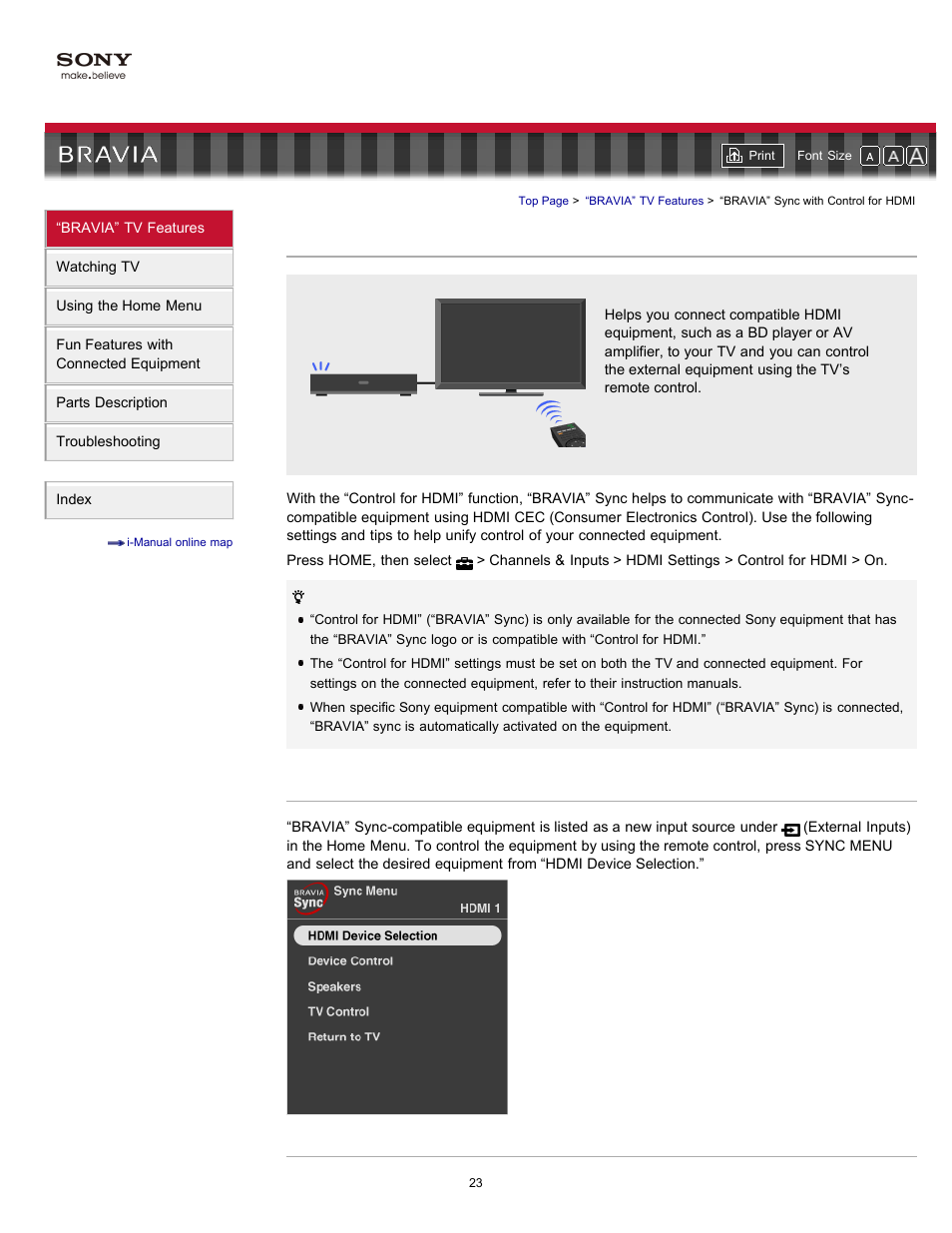 Bravia” sync with control for hdmi, Bravia” sync-compatible equipment, Hdmi device selection | Sync menu | Sony KDL-55HX701 User Manual | Page 27 / 141