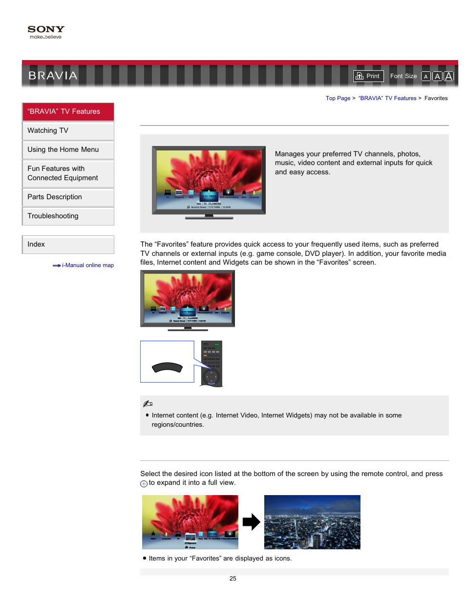 Favorites, Adding/removing favorites, Favorite items | Recently viewed content recommendation | Sony KDL-55HX701 User Manual | Page 29 / 141