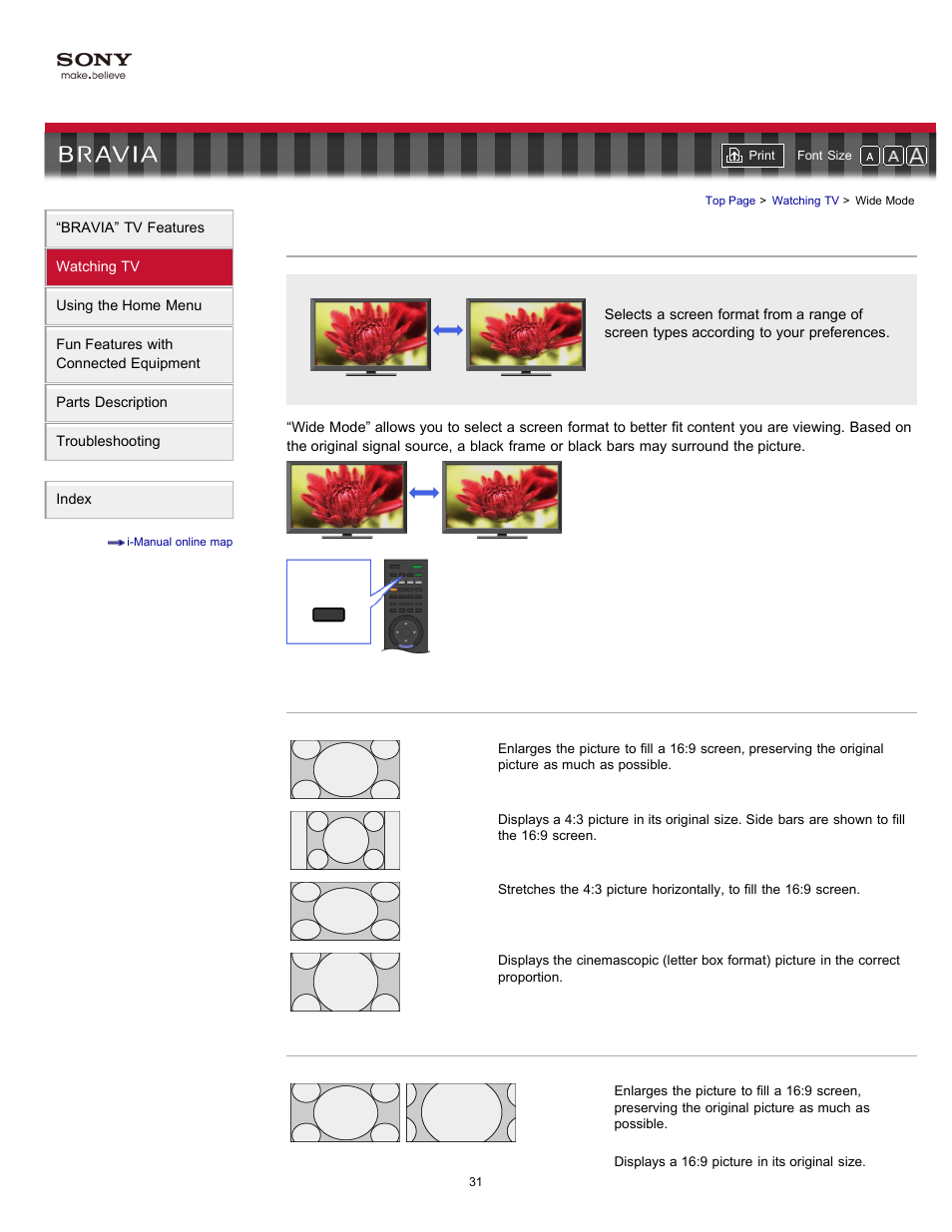 Wide mode, Screen types/sizes | Sony KDL-55HX701 User Manual | Page 35 / 141