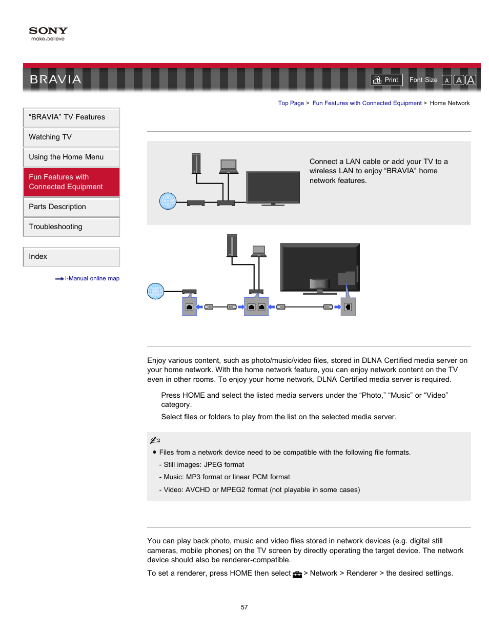 Home network, Dlna certified media server, Media server troubleshooting | Renderer, Show/hide media servers | Sony KDL-55HX701 User Manual | Page 61 / 141