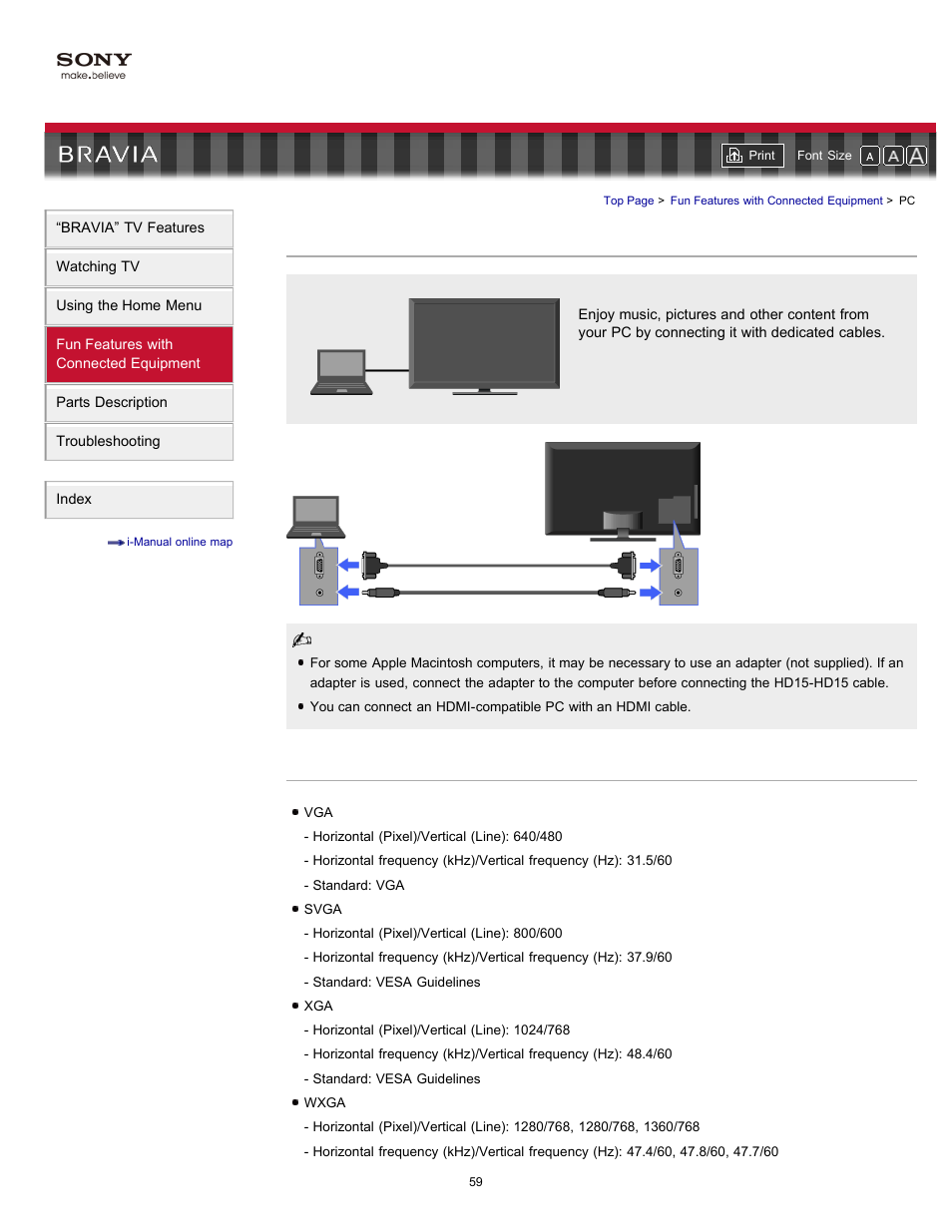 Pc connection | Sony KDL-55HX701 User Manual | Page 63 / 141