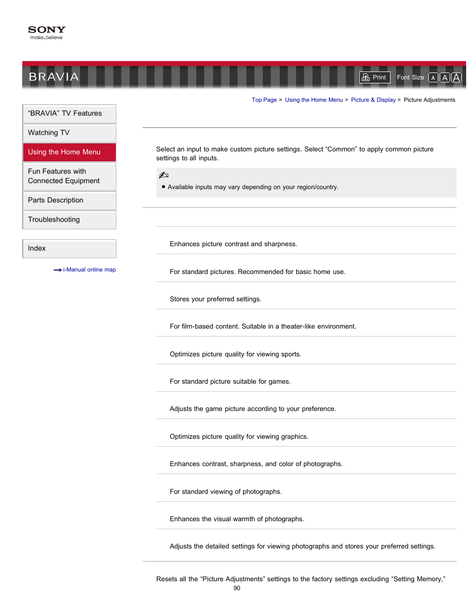 Picture adjustments, Advanced settings, Cinemotion | Motionflow settings, Picture mode picture settings | Sony KDL-55HX701 User Manual | Page 94 / 141