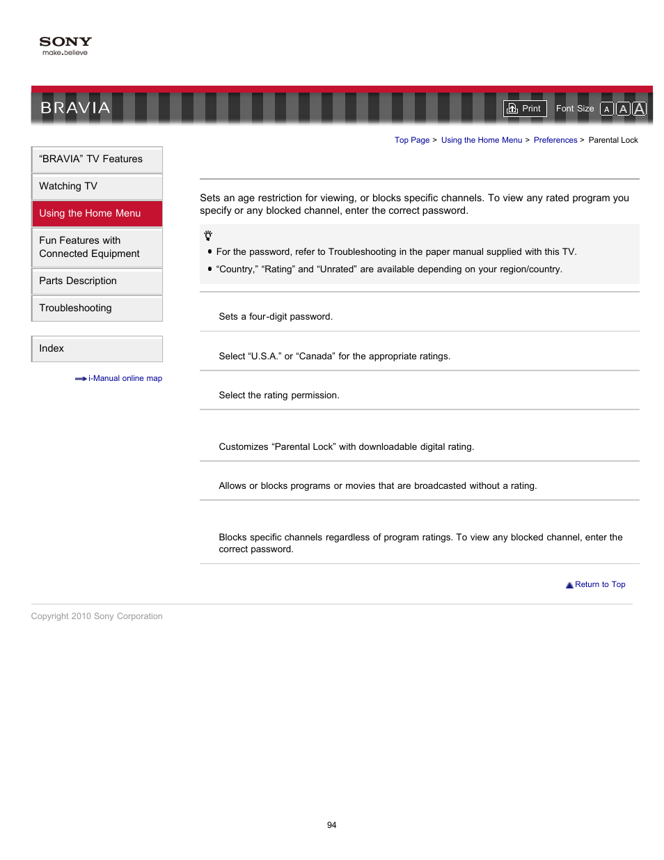 Parental lock, Age restriction, Password | Rating | Sony KDL-55HX701 User Manual | Page 98 / 141