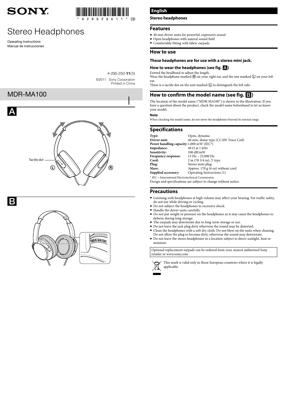 Sony MDR-MA100 User Manual | 2 pages