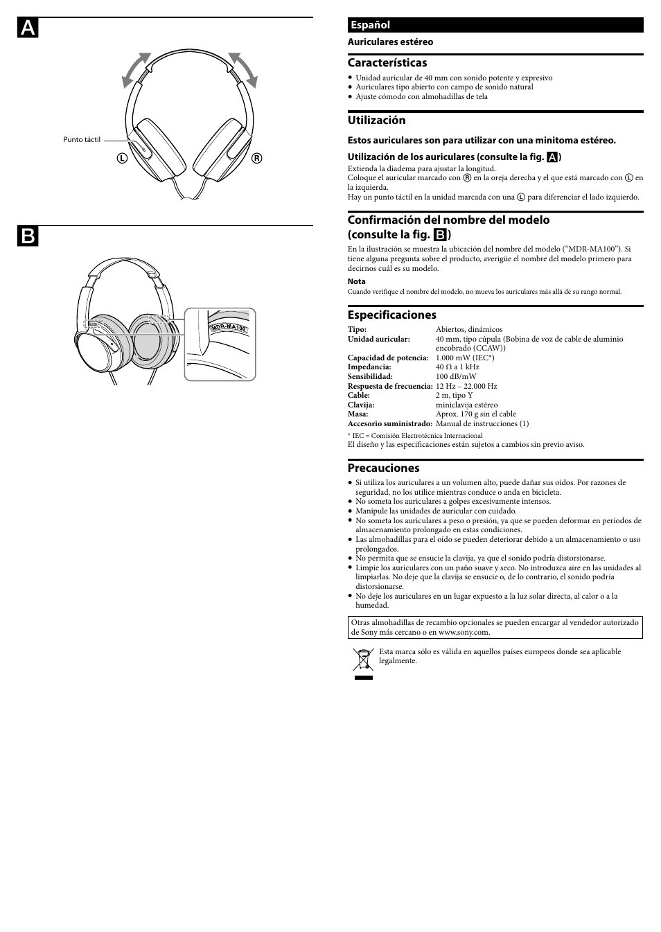 Características, Utilización, Especificaciones | Precauciones | Sony MDR-MA100 User Manual | Page 2 / 2