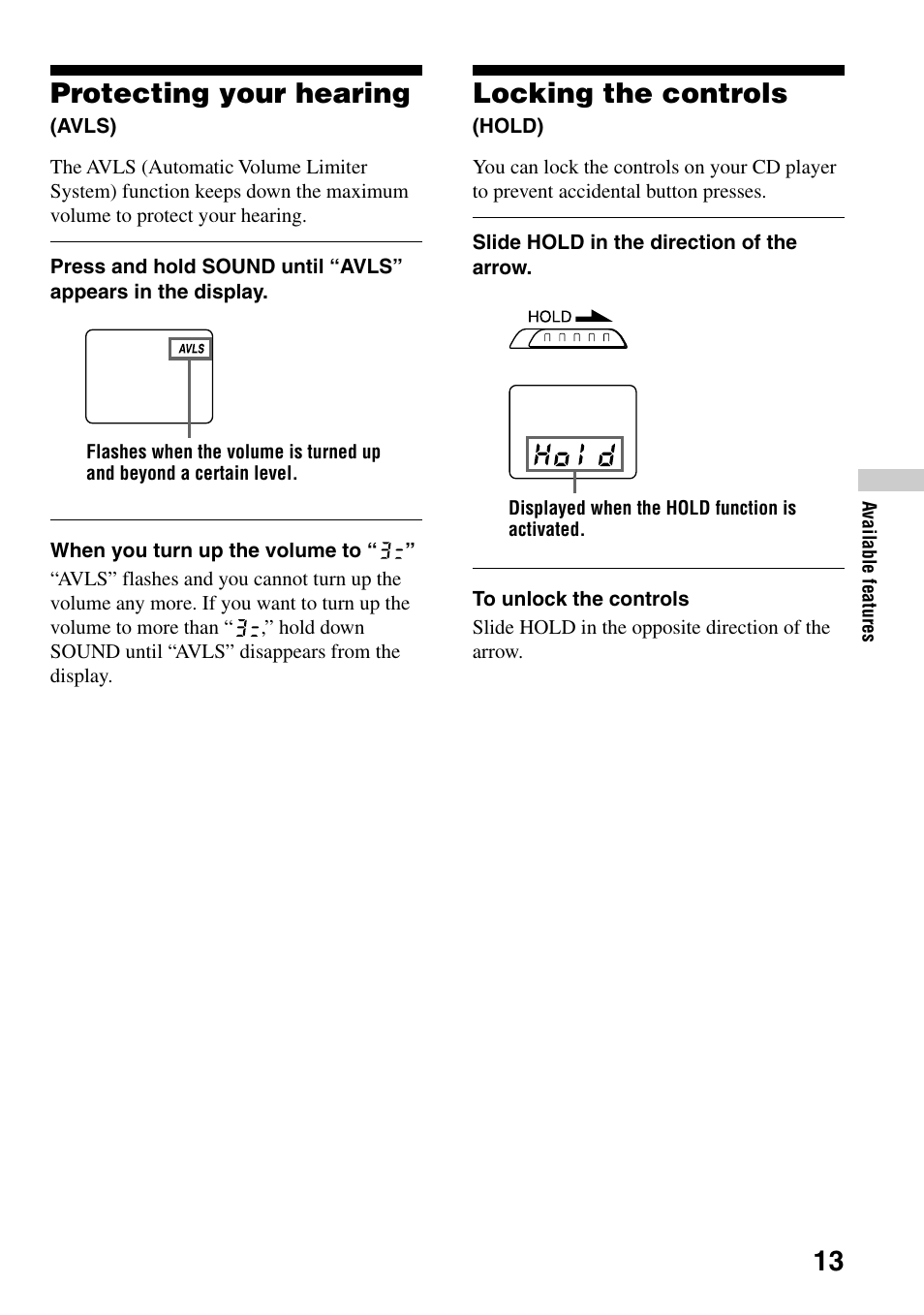 Protecting your hearing (avls), Locking the controls (hold), 13 protecting your hearing | Locking the controls | Sony D-EJ756CK User Manual | Page 13 / 28