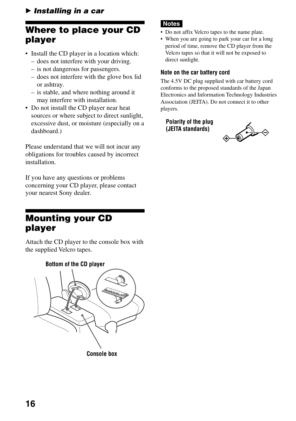 Installing in a car, Where to place your cd player, Mounting your cd player | Sony D-EJ756CK User Manual | Page 16 / 28
