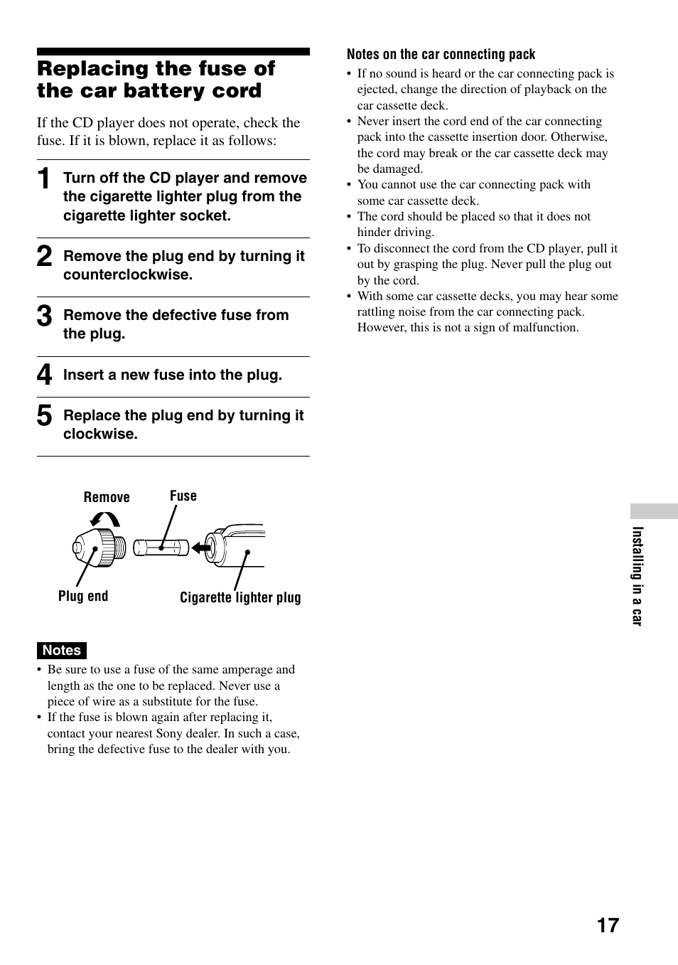 Replacing the fuse of the car battery cord, Replacing the fuse of the car battery cord . 17 | Sony D-EJ756CK User Manual | Page 17 / 28