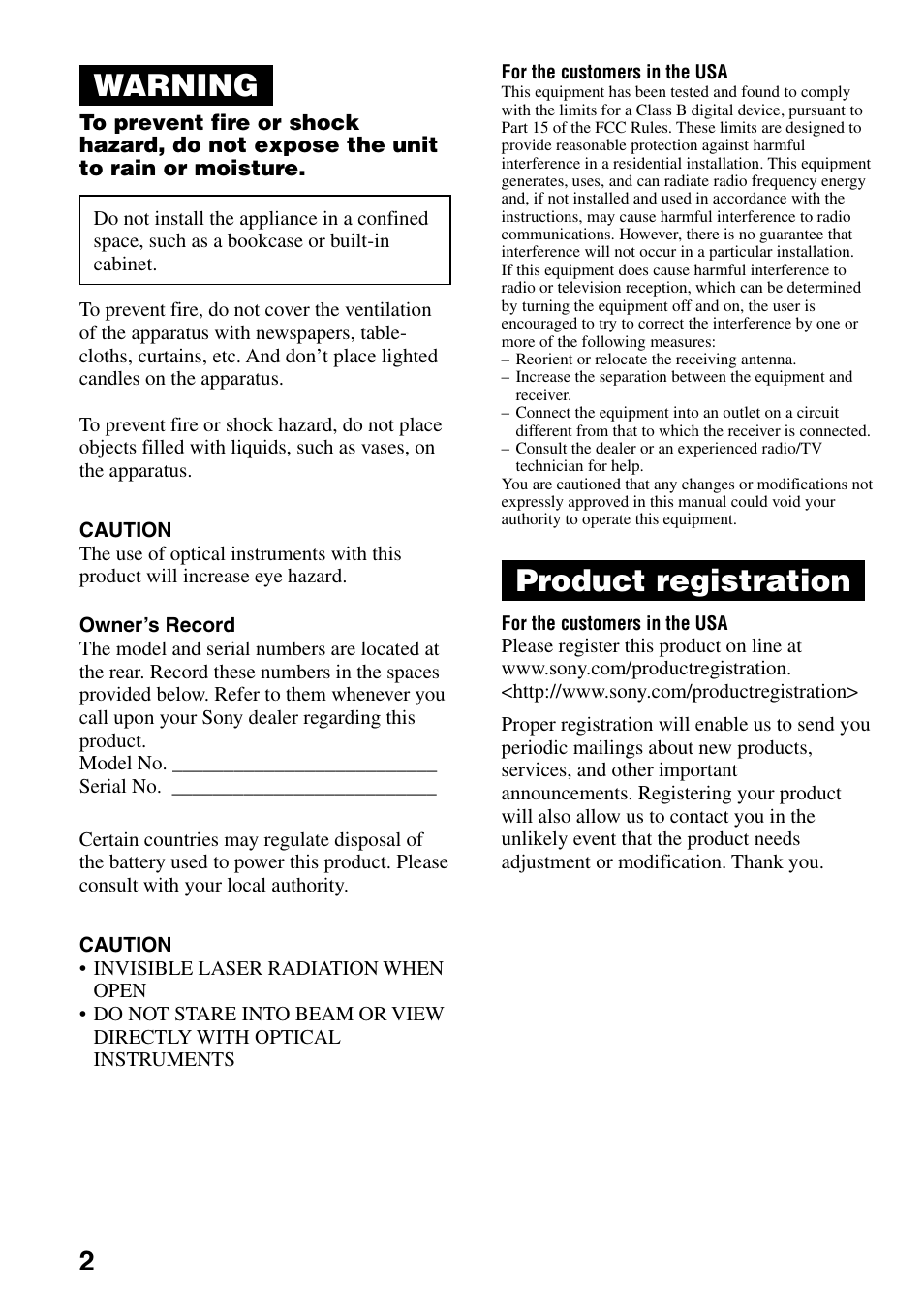 Warning, Product registration | Sony D-EJ756CK User Manual | Page 2 / 28