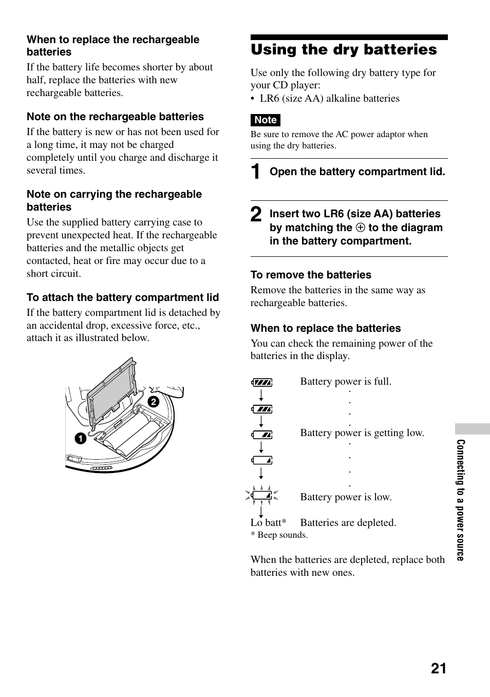 Using the dry batteries, 21 using the dry batteries | Sony D-EJ756CK User Manual | Page 21 / 28