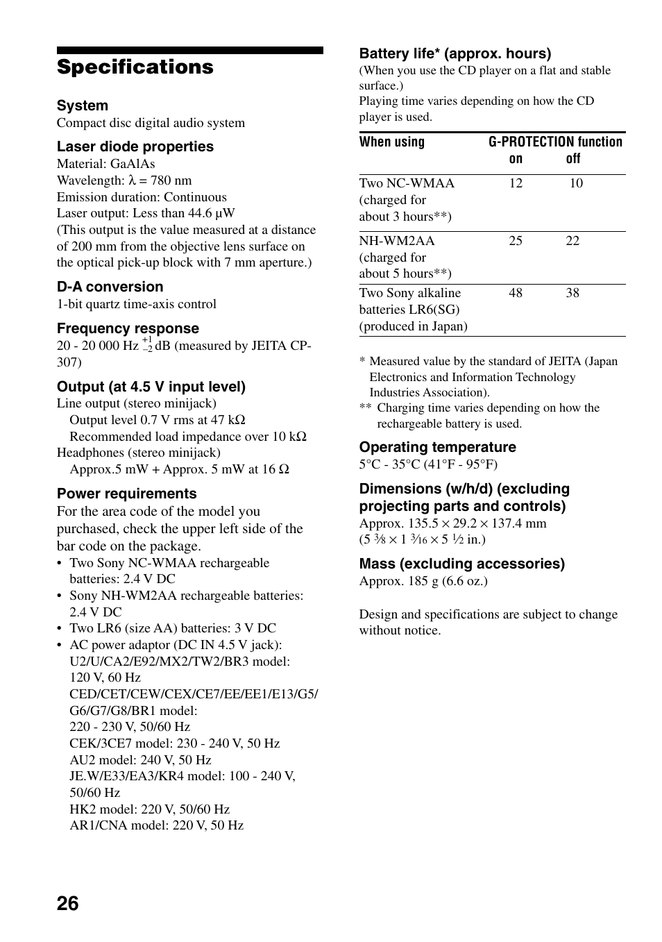 Specifications, 26 specifications | Sony D-EJ756CK User Manual | Page 26 / 28