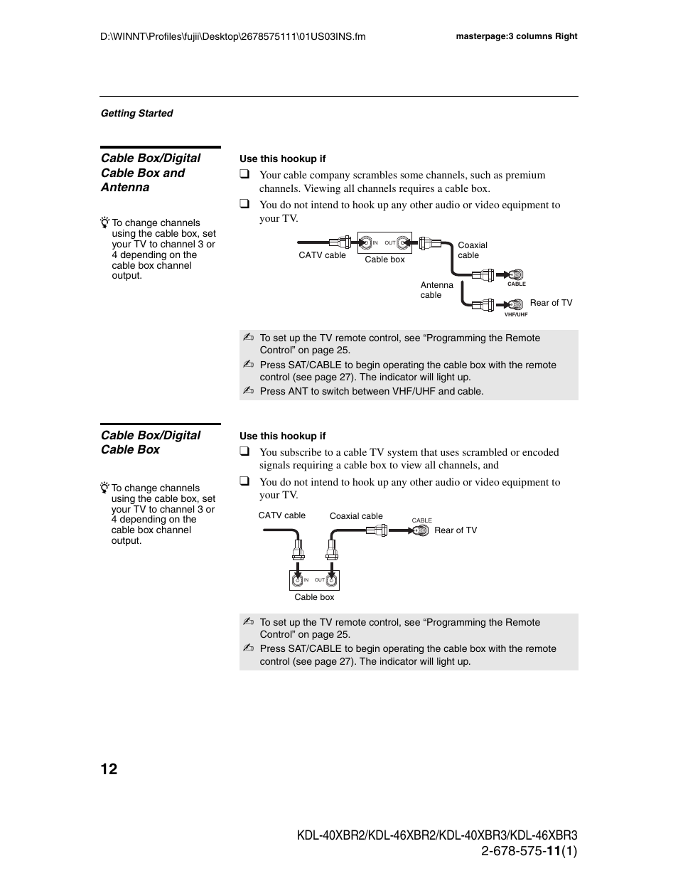 Cable box/digital cable box and antenna, Cable box/digital cable box | Sony KDL-40XBR3 User Manual | Page 12 / 56