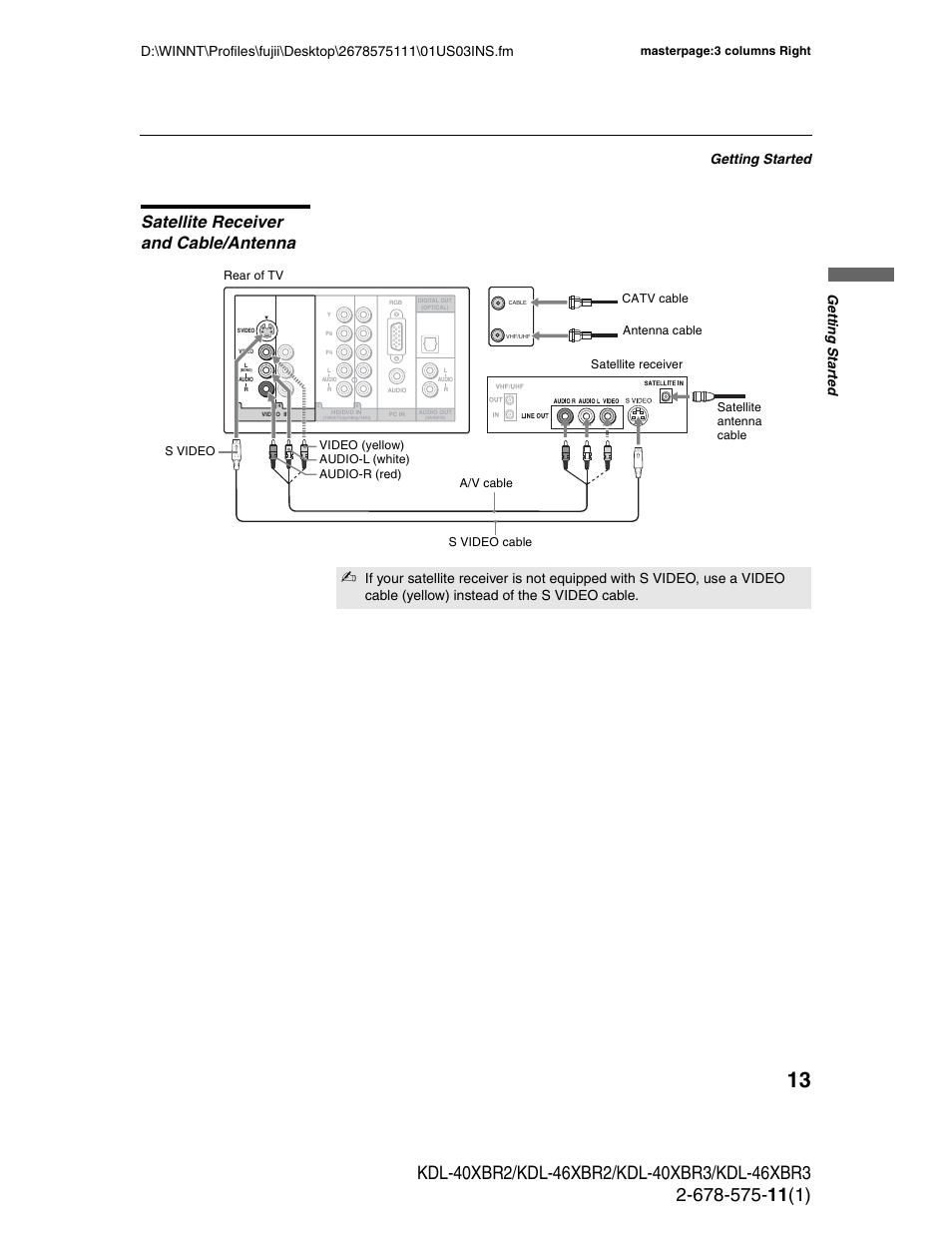 Satellite receiver and cable/antenna, Getting started, Ge tting started | Masterpage:3 columns right | Sony KDL-40XBR3 User Manual | Page 13 / 56