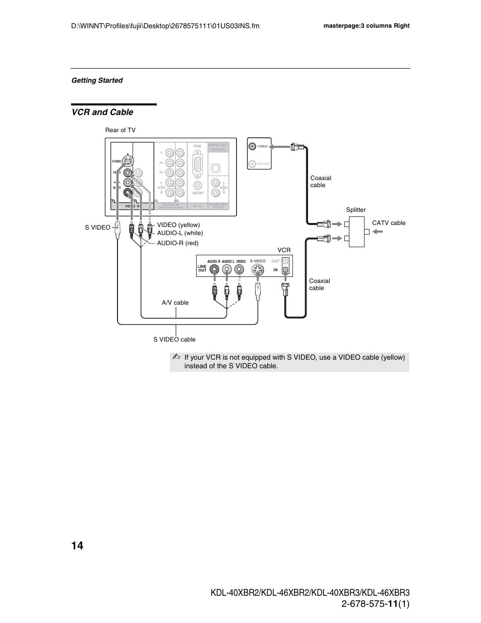 Vcr and cable, Getting started | Sony KDL-40XBR3 User Manual | Page 14 / 56