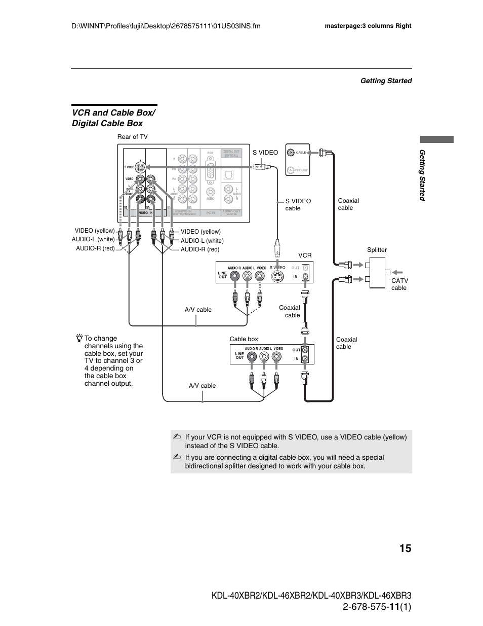 Vcr and cable box/ digital cable box, Vcr and cable box/digital cable box, Getting started | Ge tting started | Sony KDL-40XBR3 User Manual | Page 15 / 56