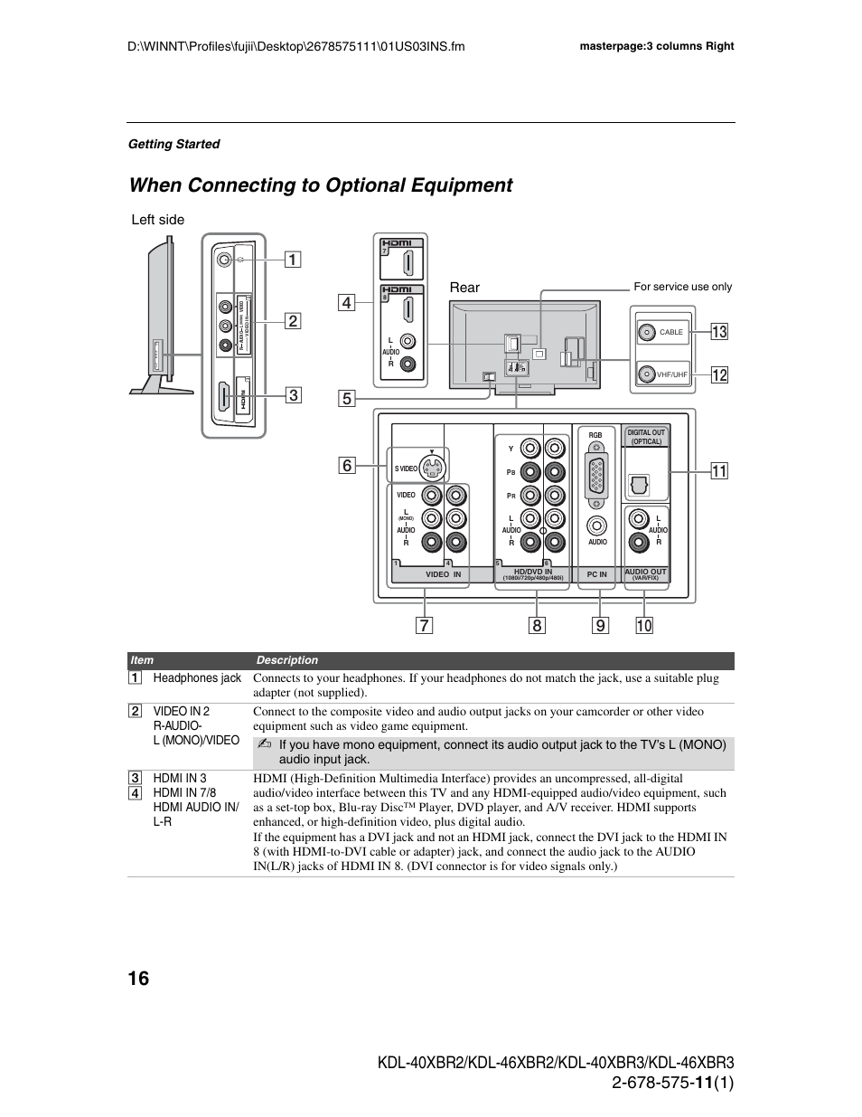 When connecting to optional equipment, Left side rear | Sony KDL-40XBR3 User Manual | Page 16 / 56