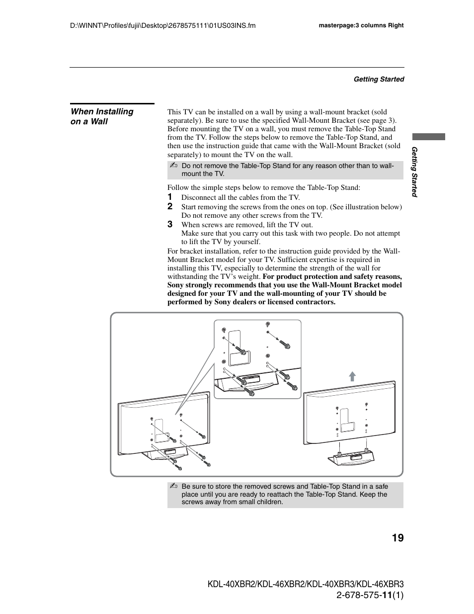 When installing on a wall | Sony KDL-40XBR3 User Manual | Page 19 / 56