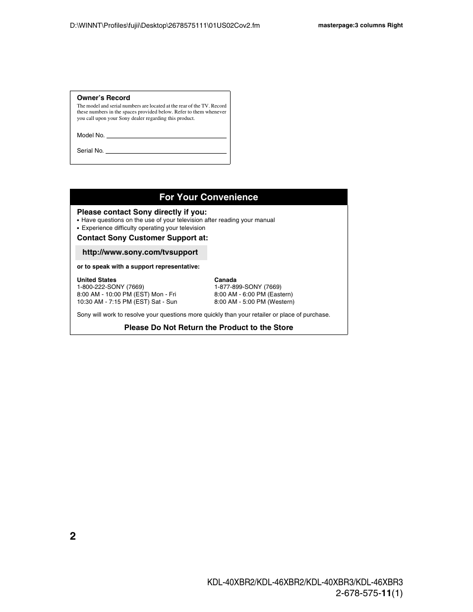 For your convenience | Sony KDL-40XBR3 User Manual | Page 2 / 56
