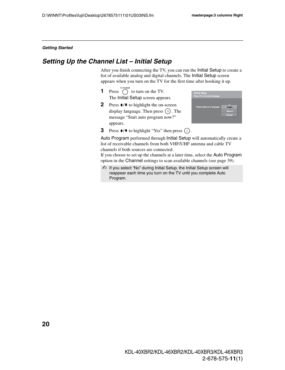 Setting up the channel list - initial setup, Setting up the channel list – initial setup | Sony KDL-40XBR3 User Manual | Page 20 / 56