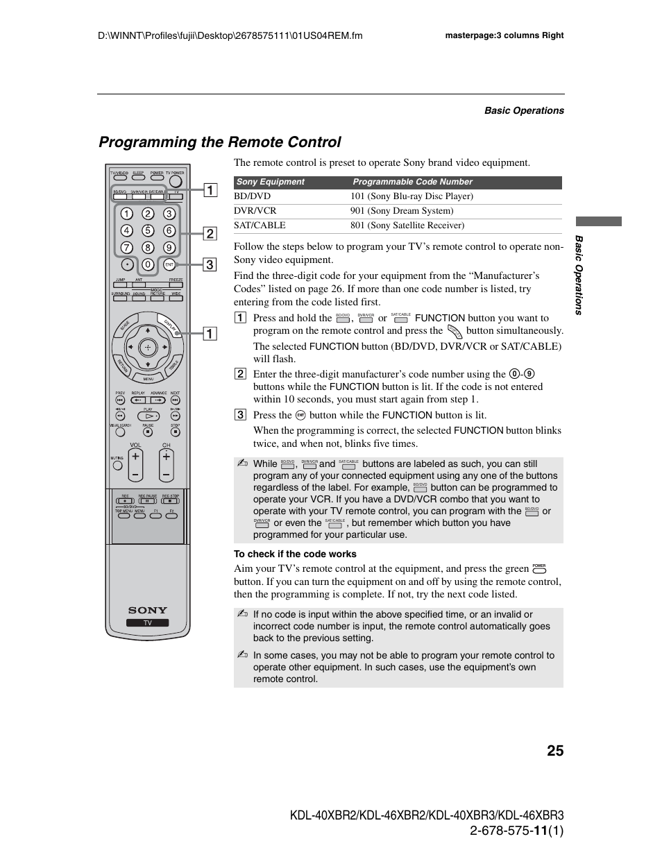 Programming the remote control | Sony KDL-40XBR3 User Manual | Page 25 / 56