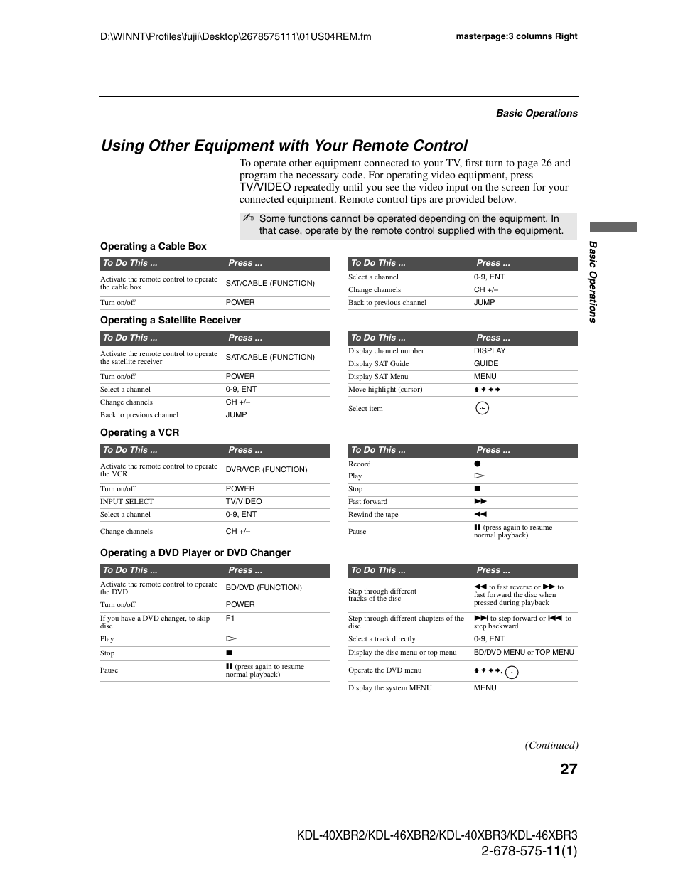 Using other equipment with your remote control, Continued) | Sony KDL-40XBR3 User Manual | Page 27 / 56