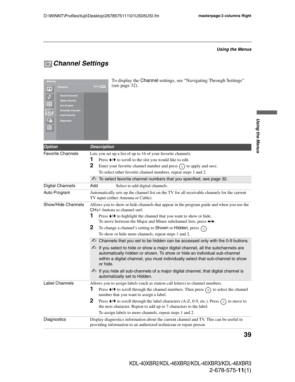 Channel settings | Sony KDL-40XBR3 User Manual | Page 39 / 56