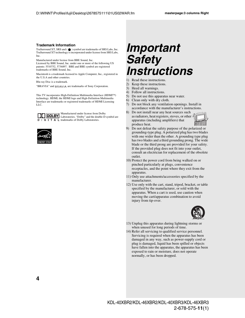 Important safety instructions | Sony KDL-40XBR3 User Manual | Page 4 / 56