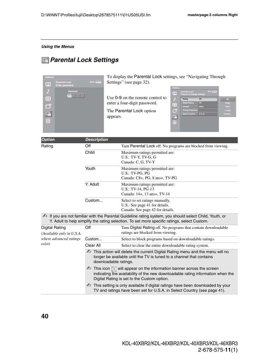 Parental lock settings | Sony KDL-40XBR3 User Manual | Page 40 / 56