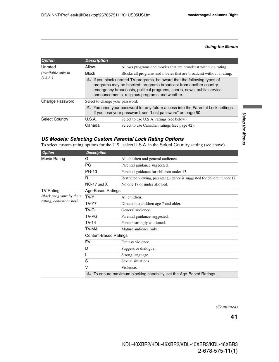 Sony KDL-40XBR3 User Manual | Page 41 / 56