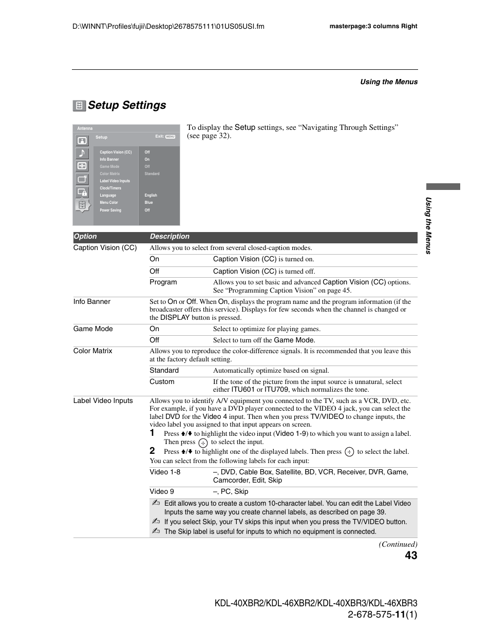 Setup settings, Nd 43 | Sony KDL-40XBR3 User Manual | Page 43 / 56
