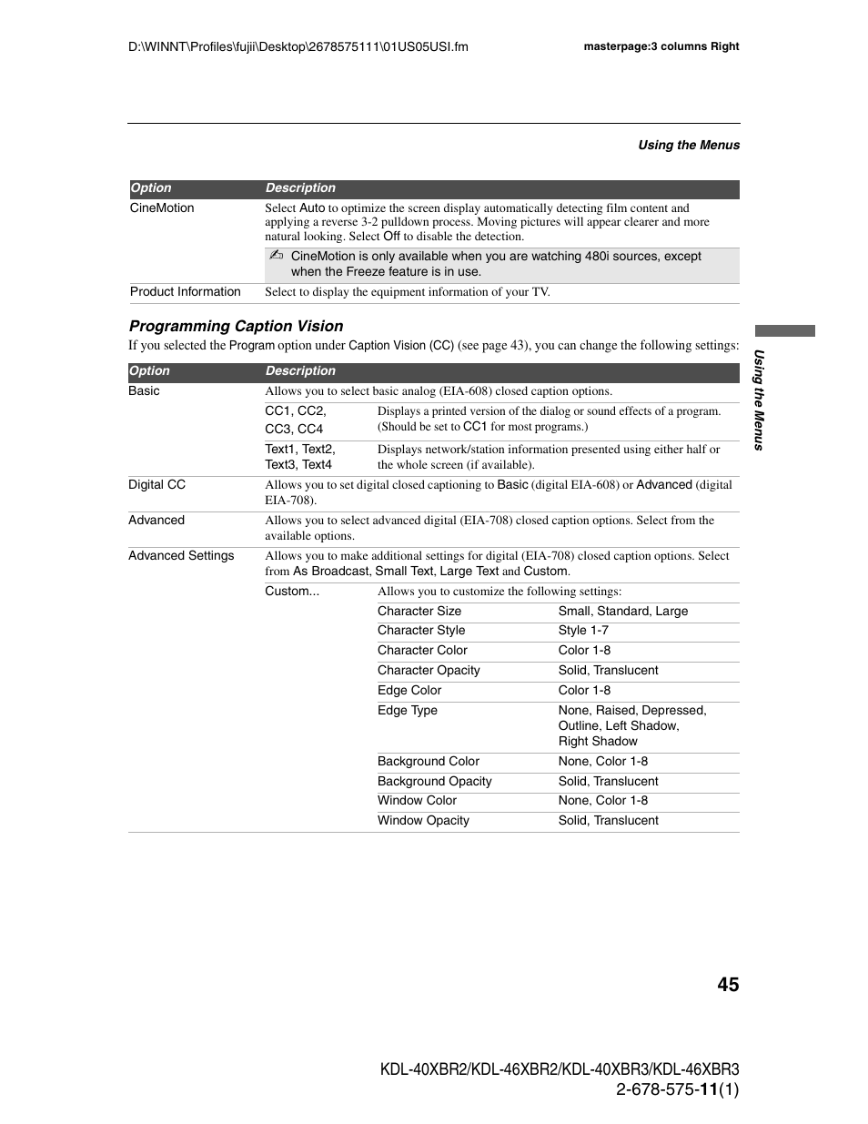 Sony KDL-40XBR3 User Manual | Page 45 / 56