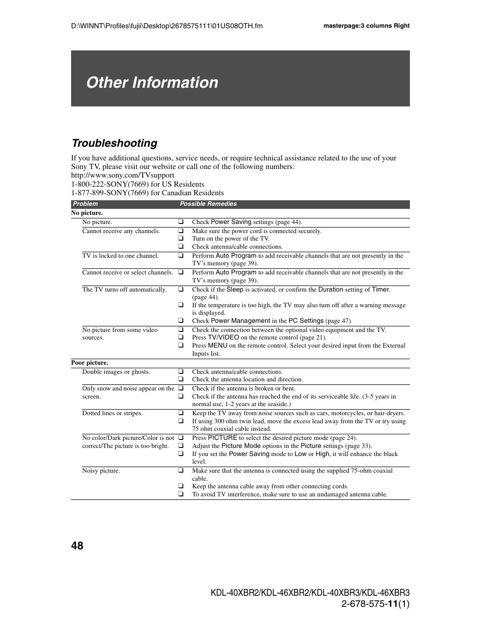 Other information, Troubleshooting | Sony KDL-40XBR3 User Manual | Page 48 / 56