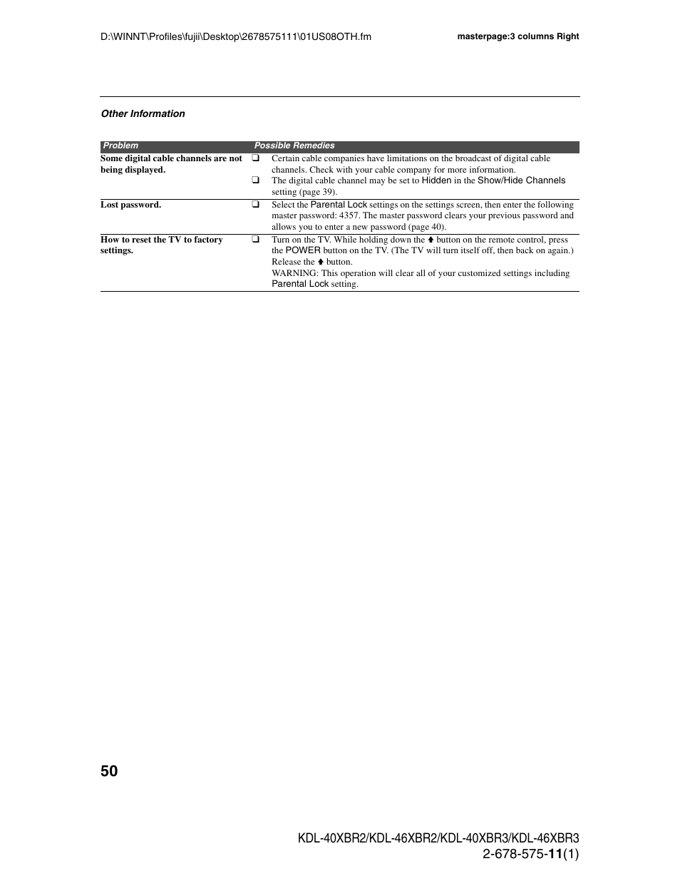 Sony KDL-40XBR3 User Manual | Page 50 / 56