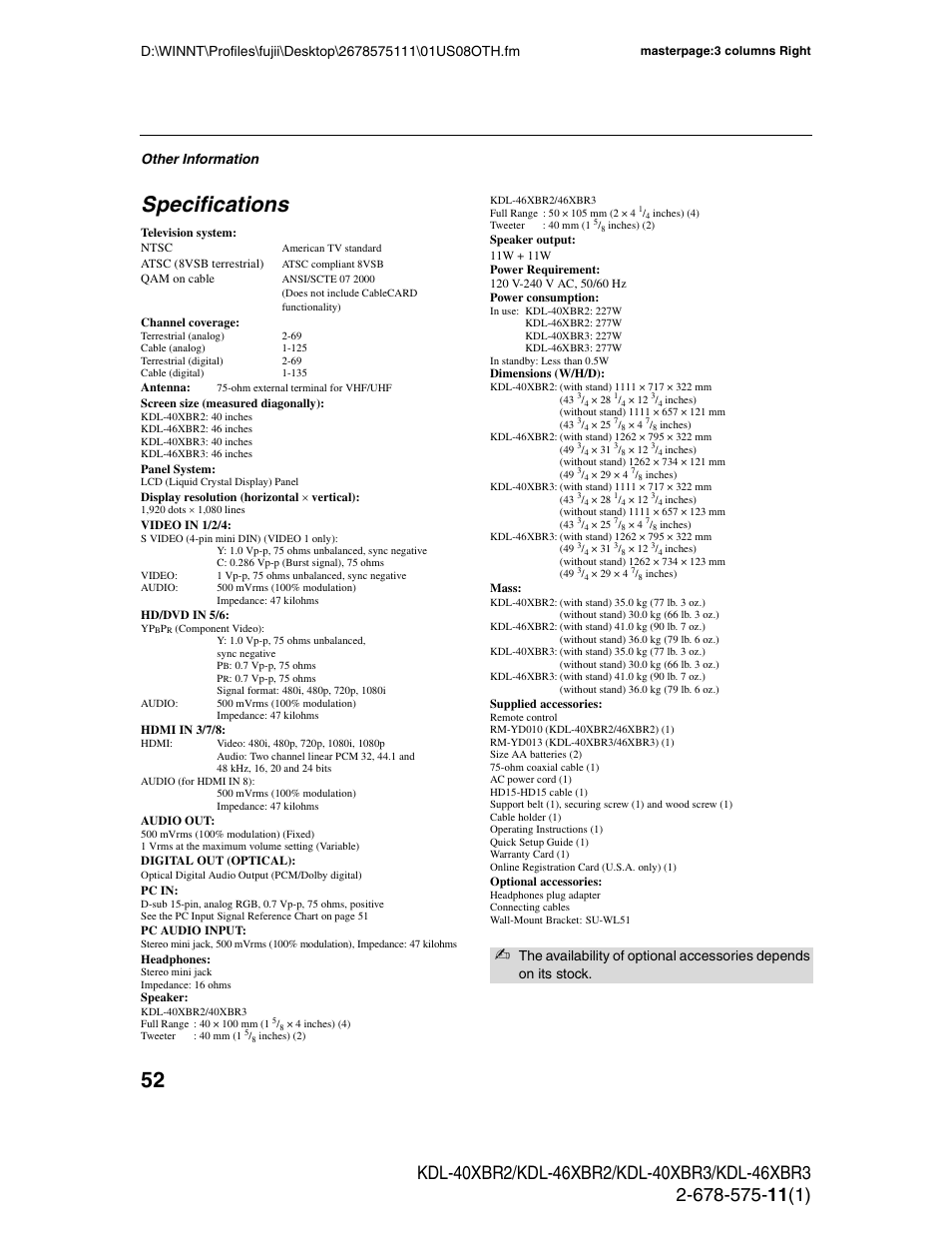 Specifications, Other information | Sony KDL-40XBR3 User Manual | Page 52 / 56
