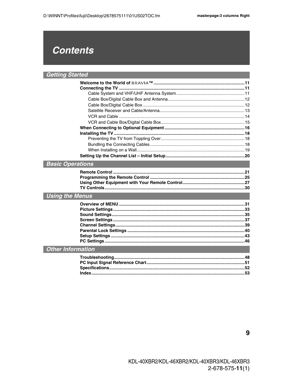 Sony KDL-40XBR3 User Manual | Page 9 / 56