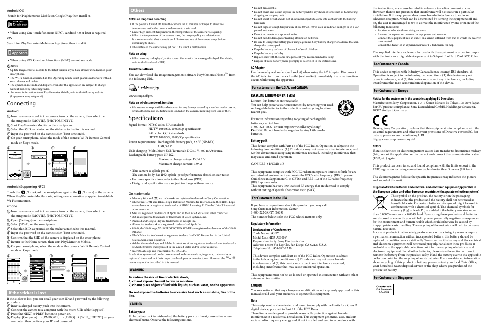 Specifications, Connecting | Sony HDR-AS100VR User Manual | Page 2 / 2