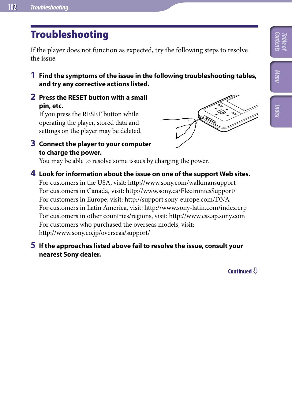 Troubleshooting | Sony NWZ-S616FSLV User Manual | Page 102 / 134