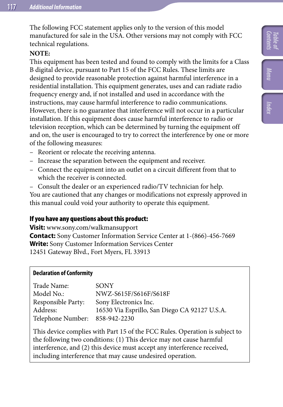 Additional information | Sony NWZ-S616FSLV User Manual | Page 117 / 134