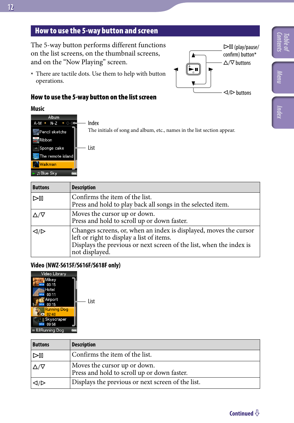 How to use the 5-way button and screen | Sony NWZ-S616FSLV User Manual | Page 12 / 134