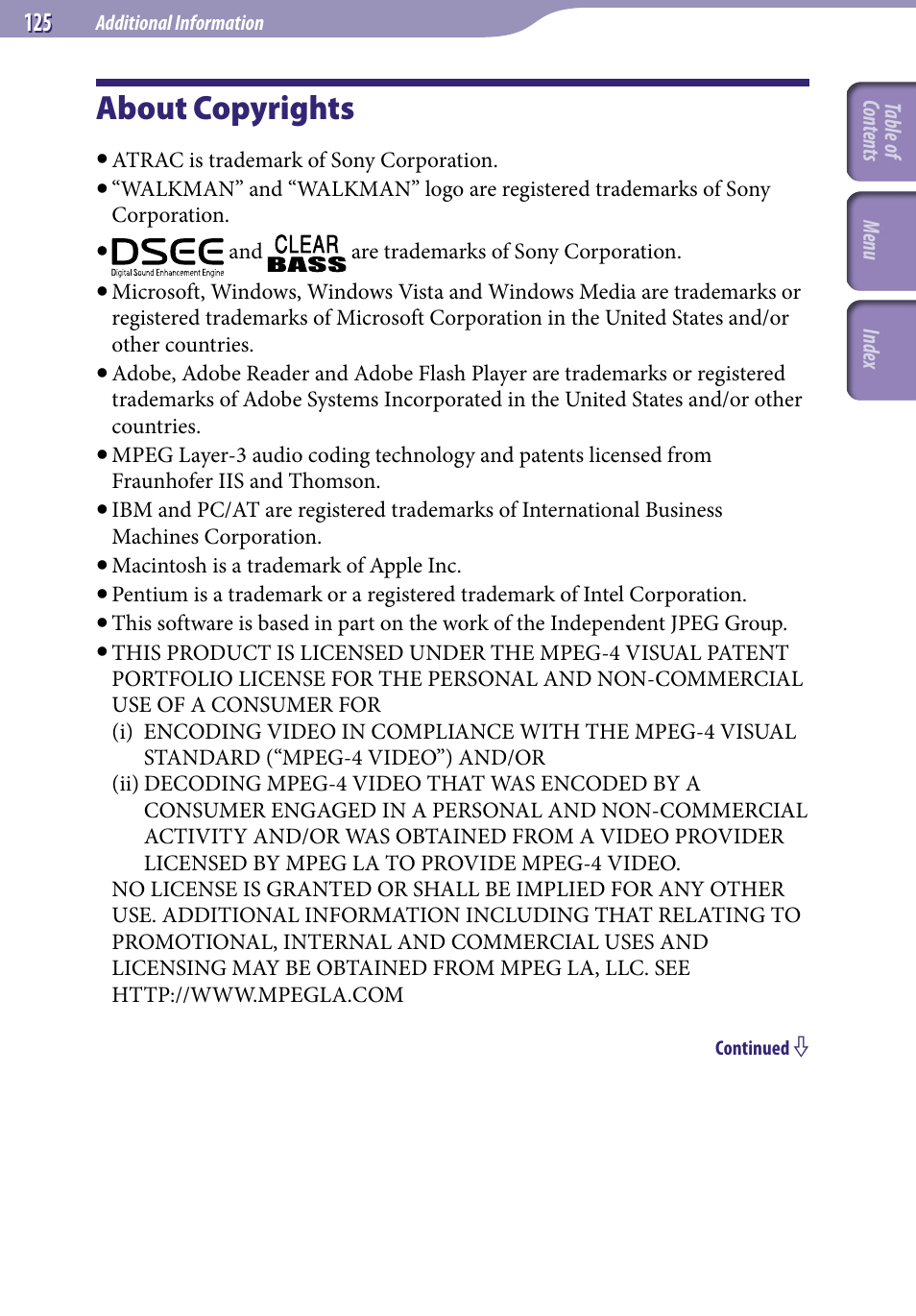 About copyrights | Sony NWZ-S616FSLV User Manual | Page 125 / 134