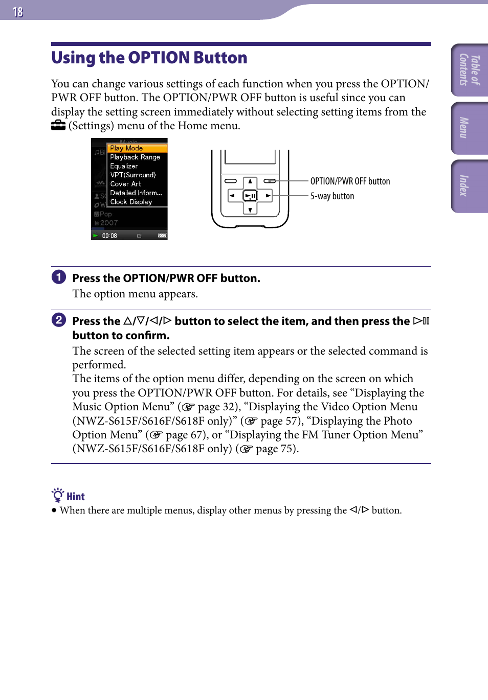 Using the option button | Sony NWZ-S616FSLV User Manual | Page 18 / 134