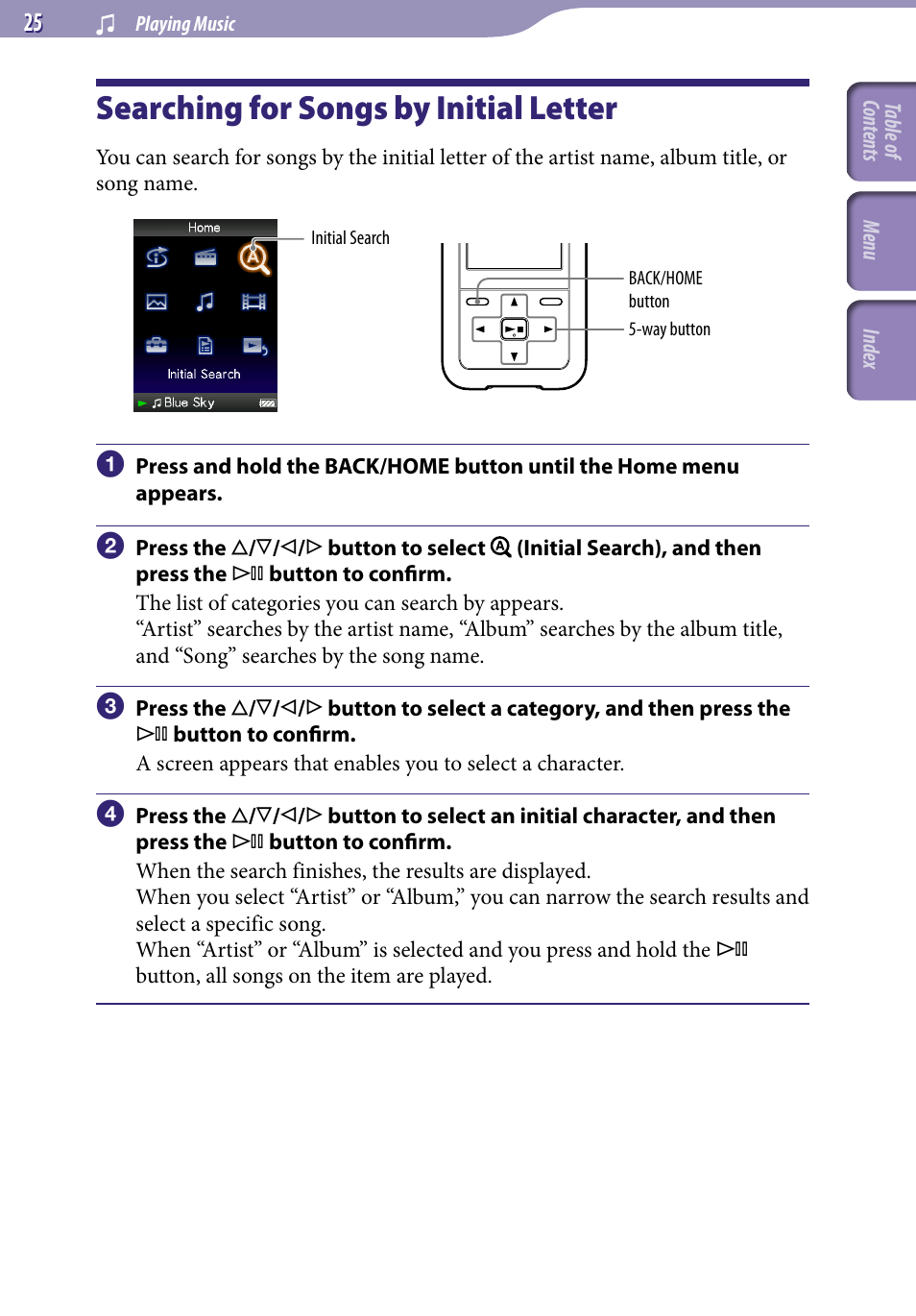 Searching for songs by initial letter, Searching for songs by initial, Letter | Artist album song | Sony NWZ-S616FSLV User Manual | Page 25 / 134